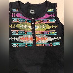 Double D Ranch Black Henley Tank with Vibrant Tribal Embroidery